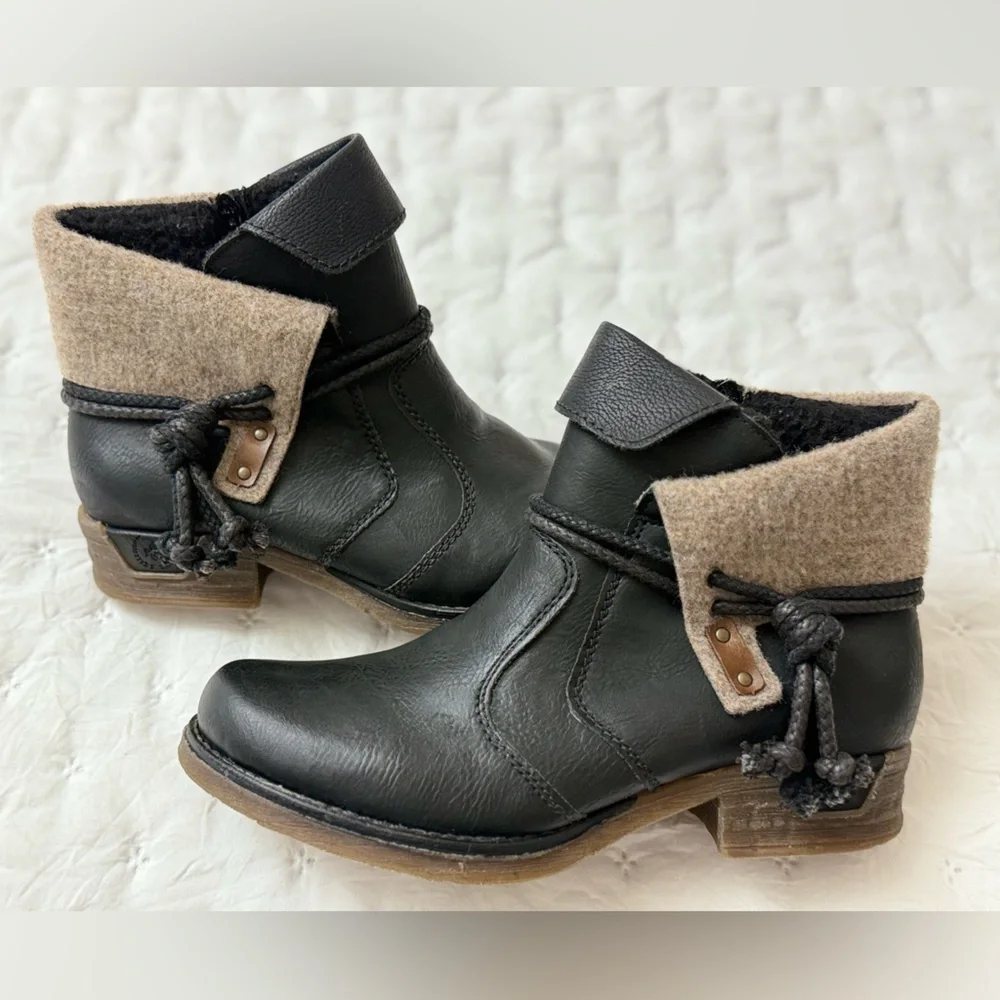 Rieker Fee 93 Black Faux Leather Ankle Boots Booties Women Size 38/7-7.5 Tassels
